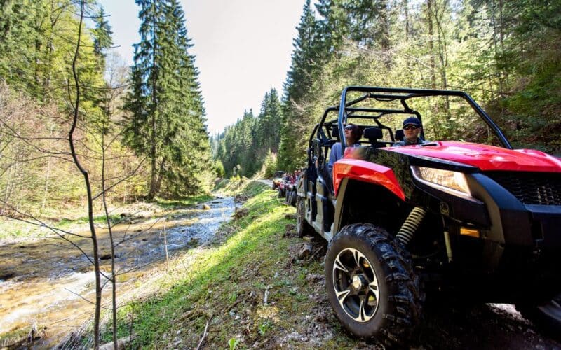 Two people sitting in UTV in forest area near small creek and pine trees