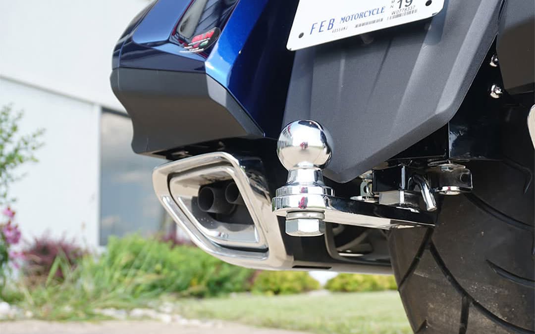 Honda Gold Wing trailer hitch from HitchDoc Outdoors towing a cargo trailer